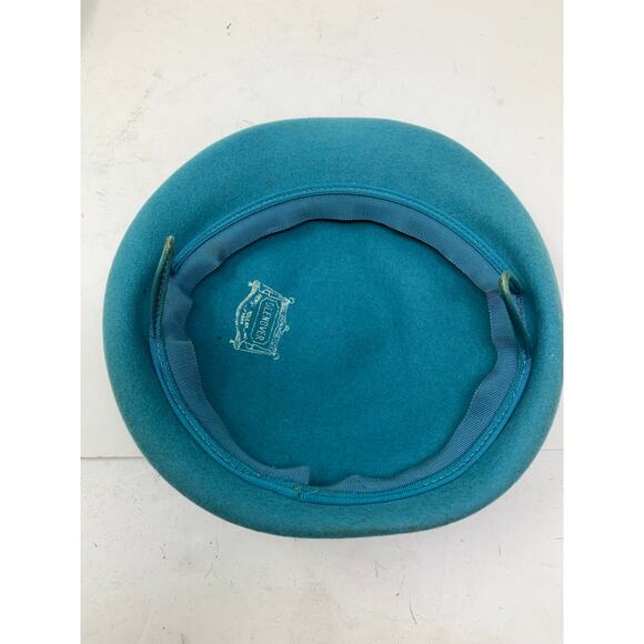 Glenover Henry Pollak Teal Blue Felt Hat Purple Ribbon Trim Vintage 1950s Cloche - Picture 6 of 8